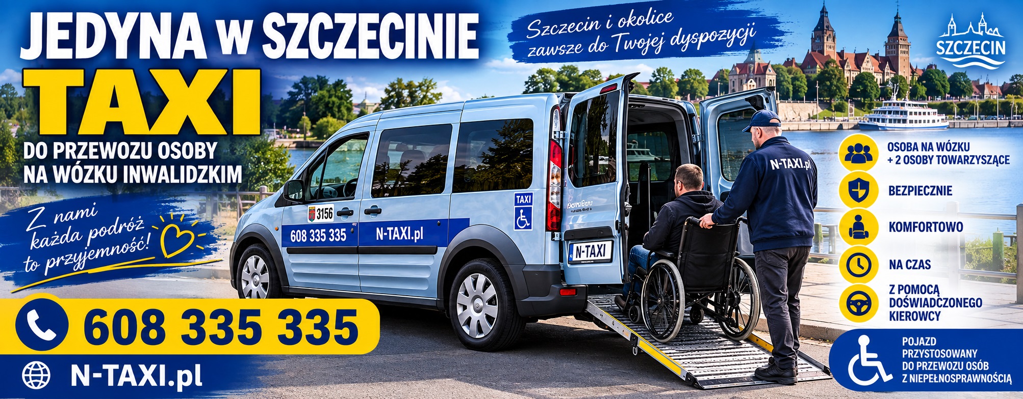 N-TAXI Szczecin – taxi z ramp� do przewozu osoby na w�zku inwalidzkim i 2 os�b towarzysz�cych. Przejazdy Szczecin–Pasewalk, tel. 608 335 335.