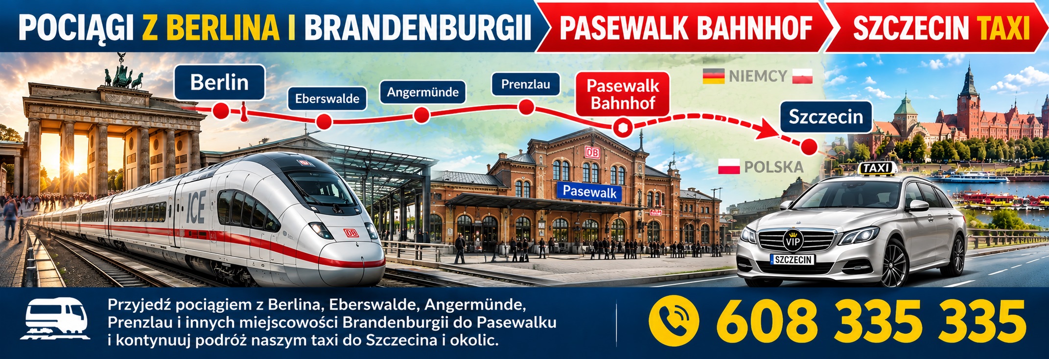 Poci�gi z Berlina, Eberswalde, Angerm�nde i Prenzlau do Pasewalk Bahnhof. Transfer taxi z dworca w Pasewalku do Szczecina i okolic. Tel. 608 335 335.