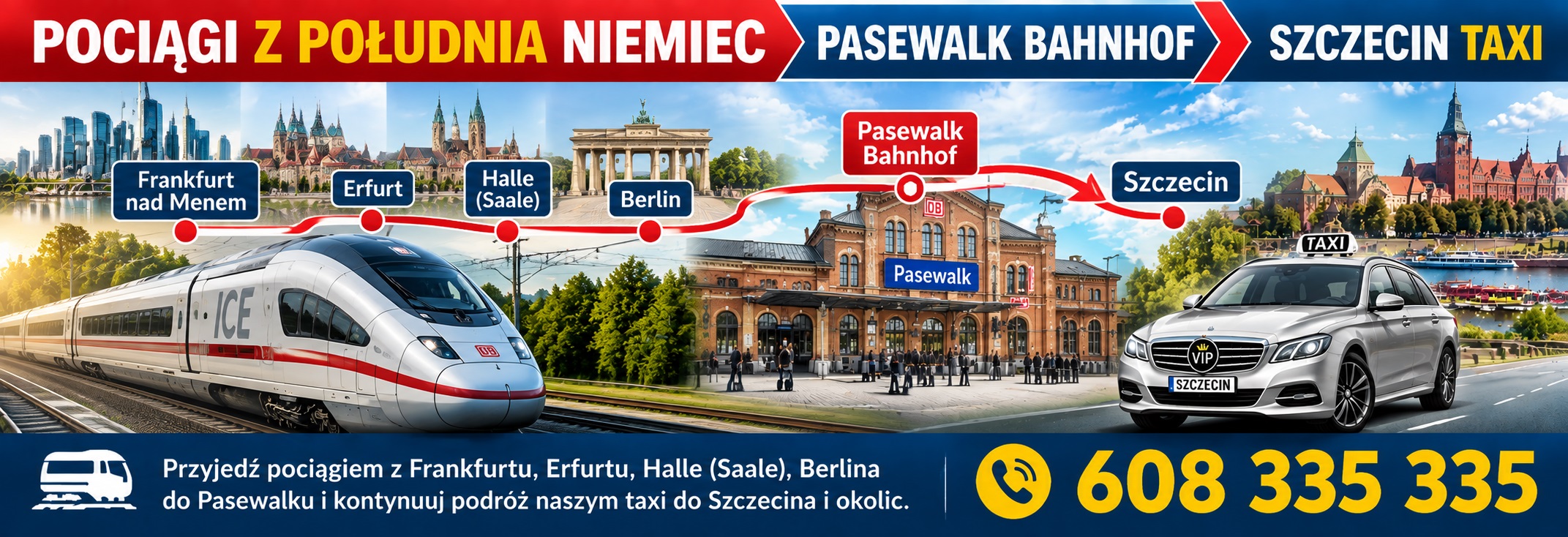 Przejazdy poci�gami z Frankfurtu nad Menem, Erfurtu, Halle (Saale) i Berlina do Pasewalk Bahnhof. Transfer taxi z dworca w Pasewalku do Szczecina i okolic. Tel. 608 335 335.